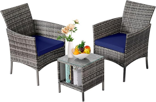 3 Pieces Patio Furniture Sets Outdoor PE Rattan Small Patio Furniture Set with Soft Cushion and Glass Coffee Table with Storage for Garden Backyard Porch Poolside WeatherResistantGrey/Darkblue