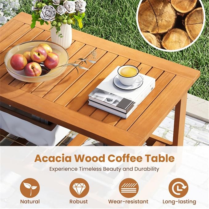 Acacia Wood Coffee Table with Storage Shelf, 29.5" Rectangular Outdoor Patio Center Table, 2-Tier Slatted Side Table for Garden Backyard Poolside Living Room, Natural Wood Finish