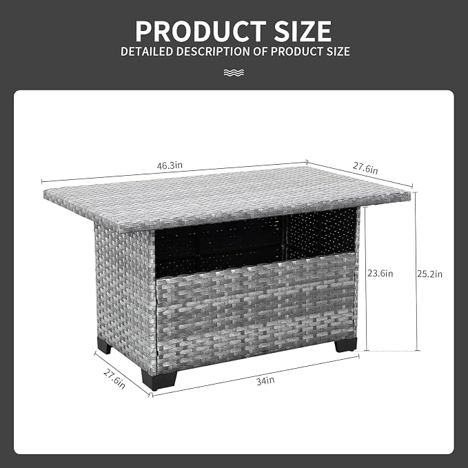 WAROOM Outdoor PE Wicker Coffee Table - Patio Rattan Garden Furniture Multi-Functional Storage Tea Dining Table, Grey