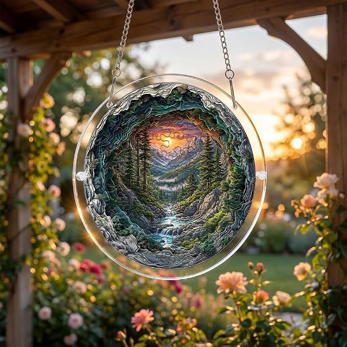 Acrylic Puzzle Suncatcher, 3D Mountain Tree Scenery Sun Catcher Jigsaw Puzzle Window Hanging, Acrylic Puzzles Kit Home Garden Decor, for Mom, Wife, Sisters, 7.87 inch