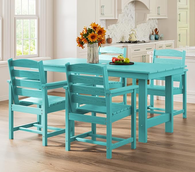 SERWALL 5 Pcs HDPE Patio Dining Set w/Umbrella Hole Table & 4 Chairs, Aruba | HDPE Outdoor Dining Set with Rectangular Table & 4 Chairs, All-Weather Patio Dining Furniture