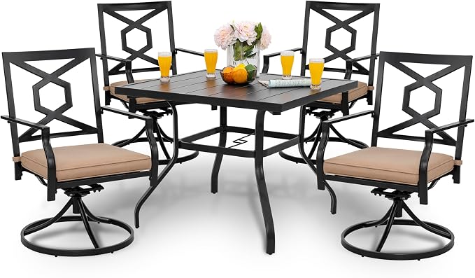NUU GARDEN 5 Piece Outdoor Patio Dining Set, 4 Swivel Rocker Chairs with Padded Cushions, 37" x 37" Square Iron Dining Table with 1.57" Umbrella Hole, Black and Beige Cushion