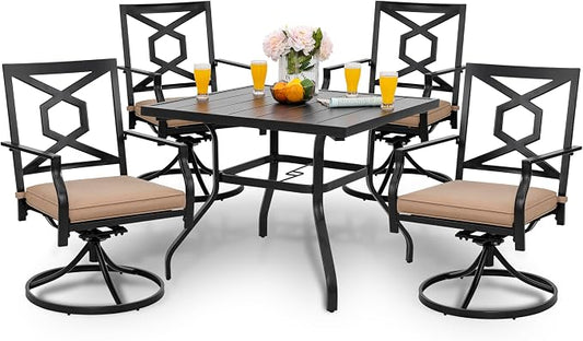 NUU GARDEN 5 Piece Outdoor Patio Dining Set, 4 Swivel Rocker Chairs with Padded Cushions, 37" x 37" Square Iron Dining Table with 1.57" Umbrella Hole, Black and Beige Cushion