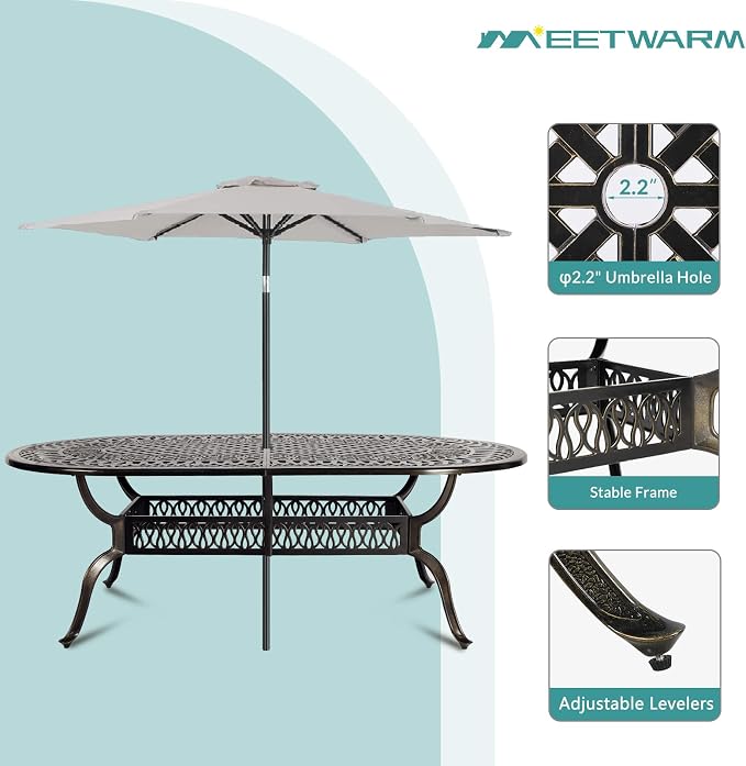 MEETWARM 9-Piece Outdoor Patio Dining Set, All-Weather Cast Aluminum Patio Conversation Set with 2 Swivel Rocker Chairs, 6 Stationary, 1 Oval Table, 8 Cushions, 2" Umbrella Hole, Chili Red