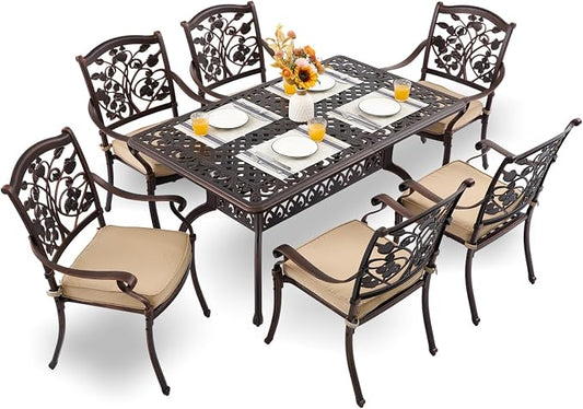 7-Piece Cast Aluminum Outdoor Dining Set, Copper Red Patio Furniture for 6 Includes 60" Rectangular Dining Table and Unique Strawberry & Leaf 6 Stackable Chairs with Cushions & Umbrella Hole