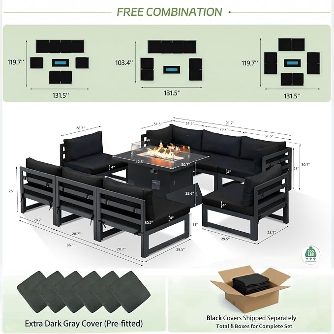 RADIATA 9 Pcs Large Modern Aluminum Outdoor Sofa with Rectangular Fire Pit Table, 29" Deep Wide Seat, 500 lbs Durable Sectional Set for Heavy People, All-Weather Patio Furniture Set for Terrace, Black