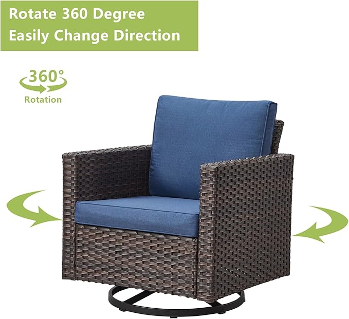 Luxury Outdoor Patio Swivel Rocker Chairs - 3 Piece Wicker Patio Furniture Bistro Swivel Rocking Chairs Set with Comfortable Cushions,Sturdy Metal Frame and Side Table for Porch Deck(Brown/Blue)
