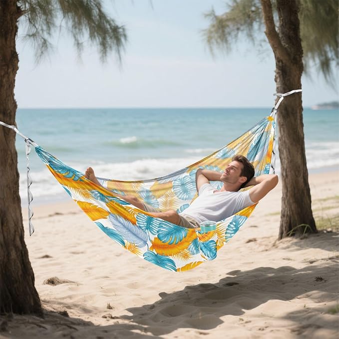 Camping Hammock Outdoor Hammocks for Outside Blue Palm Tree Blue Beach Trees Portable Lightweight with Pockets Tree Straps Indoor