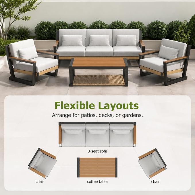 Aluminum Patio Furniture Set 5 Seats, Oversized Outdoor Sectional with Washable Thick Cushions, Coffee Table and Waterproof Cover, Patio Conversation Sets for Porch, Balcony, Deck Yellow
