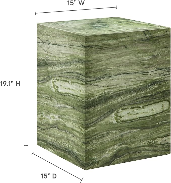 Modway Jordana Indoor Outdoor Concrete Side Table in Green Marble – Square Plinth End Table with Faux Stone Finish - Concrete Furniture Accent Table for Patio, Garden, or Living Room