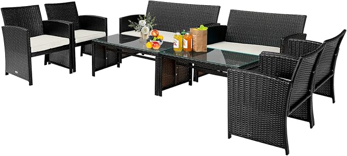 Tangkula 8 Pieces Rattan Furniture Set, Outdoor Conversation Set w/Chair & Loveseat & Tempered Glass Coffee Table, Suitable for Garden, Backyard, Poolside, Patio Furniture Set for 8 (2, White)