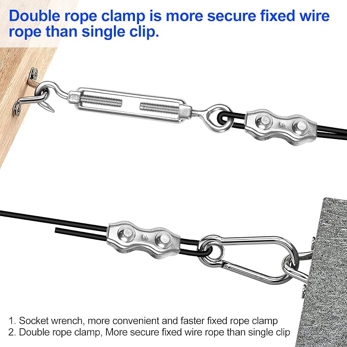 BLIKA String Light Hanging Kits, 250FT Coated Stainless Steel 304 Wire Rope | Outdoor Light Guide Wire, Globe String Light Suspension Kit Included Turnbuckles, Enough Accessories, Use Manual