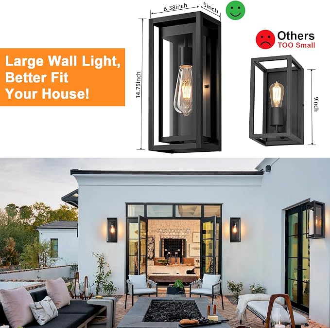 15" Large Outdoor Light Fixture Wall Mount, Matte Black Outdoor Sconce Lights, Modern Waterproof Exterior Porch Lights with Clear Glass Shade for Front Door, Garage, 1 Pack