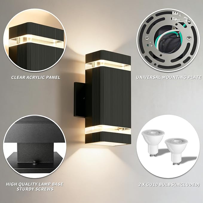 JYV 2 Pack Outdoor Wall Lights, Square Up and Down Porch Lights, Black | Waterproof Exterior Lighting Fixtures, 2x7W 3000K Bulbs, Outdoor Lights for House Porch Garage Patio