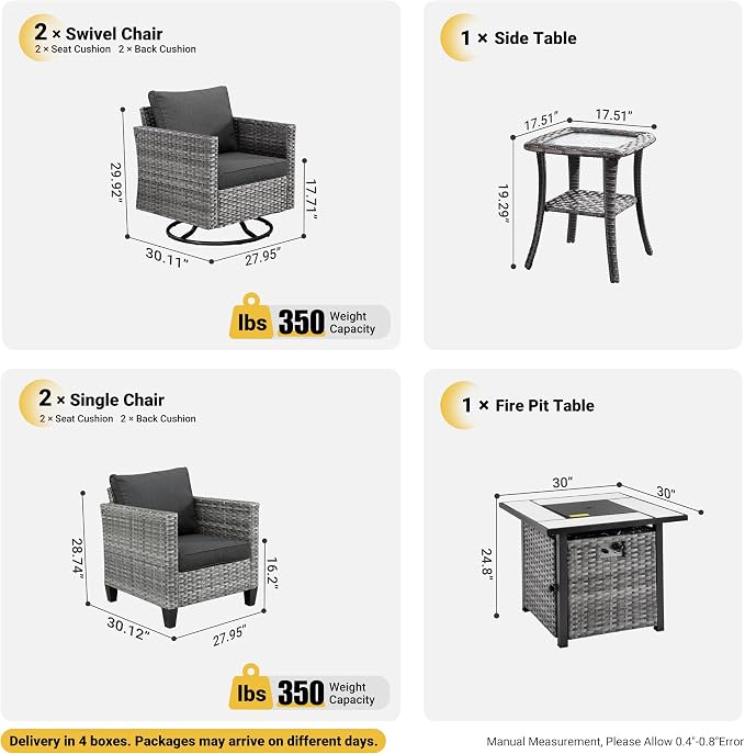 ovios 6 Pieces Patio Furniture Set, Outdoor Wicker Rattan Swivel Chairs with 30" Fire Pit Table, High Back Rocking Glider Chair Conversation Sets for Porch Deck, Black
