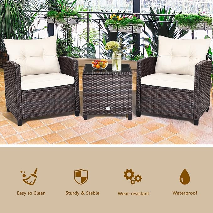 Modern Beige 3-Piece Wicker Patio Furniture Set with Water-Resistant Cushions & Tempered Glass Table