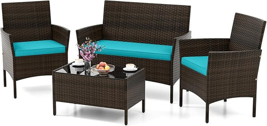 HAPPYGRILL 4 Pieces Outdoor Rattan Conversation Set, Patio Wicker Furniture Set with Loveseat Chairs & Tempered Glass Coffee Table, Outside Sectional Sofa Set for Backyard, Garden, Poolside