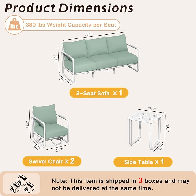 5-Seat Outdoor Aluminum Patio Set with Coffee Tables & 2 Swivel Rocking Chairs, All-Weather Conversation Sofa for Balcony, Garden (White)