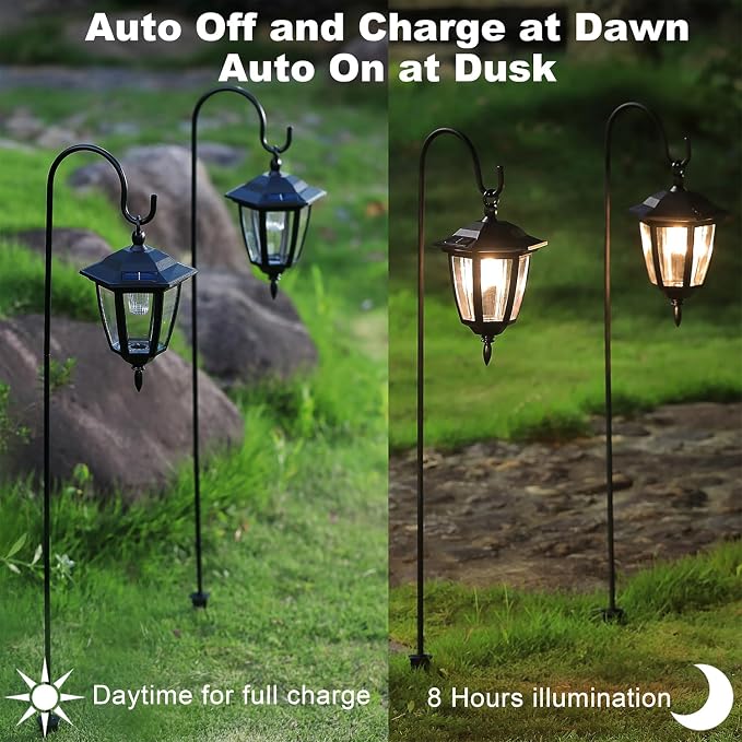 Dynaming 2 Pack Solar Hanging Lights Outdoor, Solar Powered Garden Decorative Lanterns with 2 x 38 Inch Shepherd Hooks, Waterproof Landscape Lighting for Lawn Patio Yard Pathway Driveway, Warm White