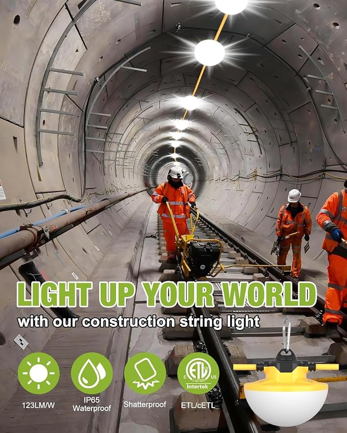 YXL 8000LM 65W Construction String Lights, 50FT Industrial String Work Lights, IP65 Waterproof Super Bright for Construction Sites Temporary Work Jobsites Outdoor Lighting