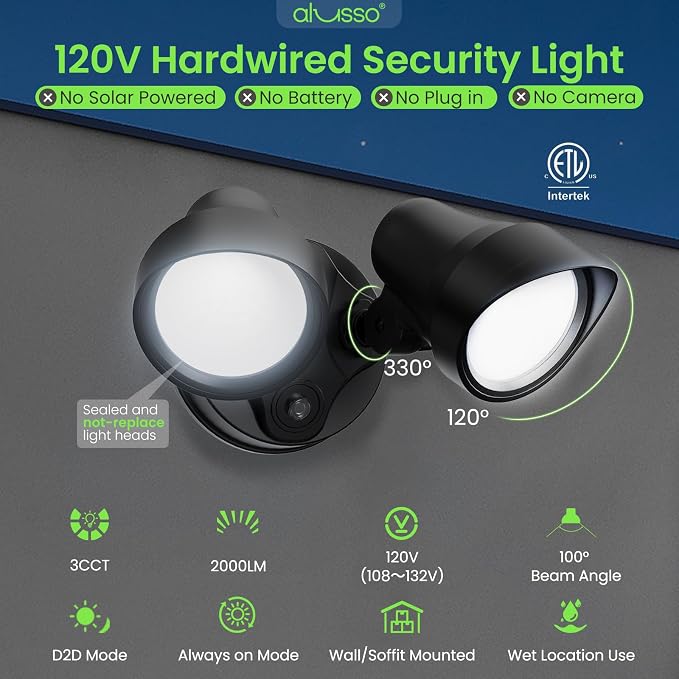 ALUSSO Dusk to Dawn Outdoor Lighting, 25W 2000LM Dusk Till Dawn Outdoor Light 120V, 3000K/4000K/6000K 3CCT IP65 Security Lights ETL Listed Dusk to Dawn Hardwired for House Garage Walkway Black 2 Pack