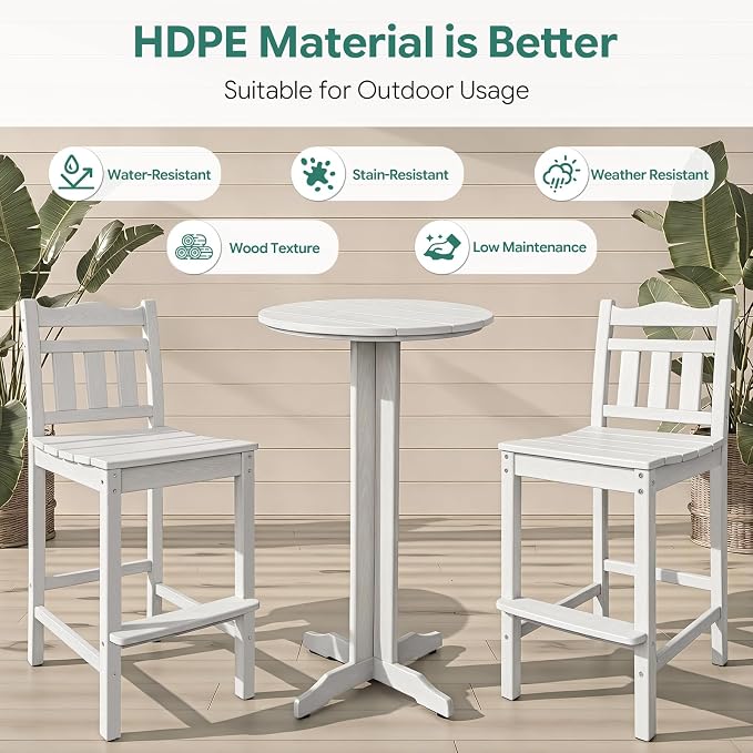 3-Piece Outdoor Bar Set, HDPE Adirondack Bar Height Chairs Set of 2 and Round Bar Table, All Weather Patio Bistro Set for Balcony, Poolside, Backyard (White)