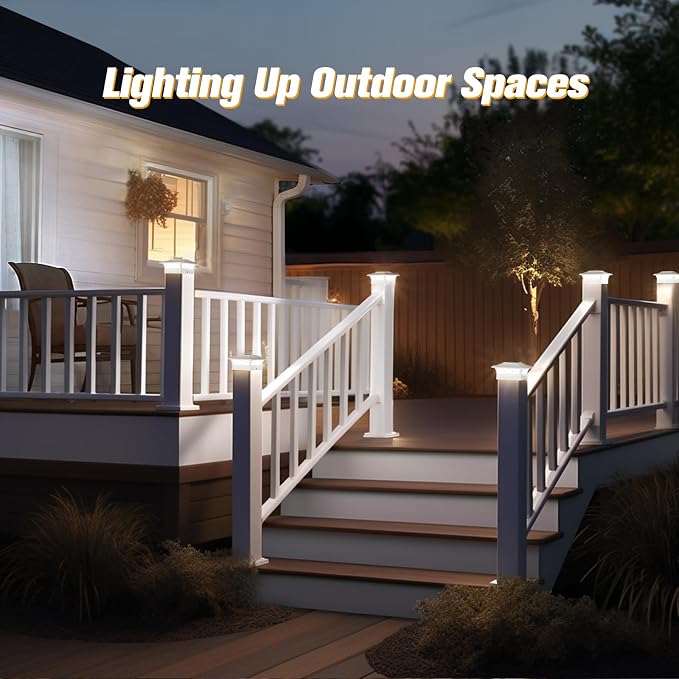 JOFIOS Solar Fence Post Lights 4pack, Cap Lights for 4x4/5x5 Vinyl Fence and 4x4/6x6 Wooden Post, Warm White/Cool White Lighting, White Solar Cap Outdoor Waterproof Decorate Garden Pathway Dcek Patio