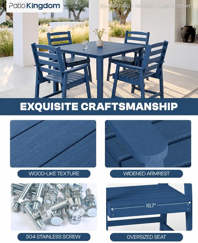 HDPE Outdoor Dining Set for 4 with 10FT Umbrella, Navy | All-Weather HDPE, Wood Grain Finish, 42.5" Square Table, Built-In Umbrella Hole, Seats 4, Patio & Poolside Ready