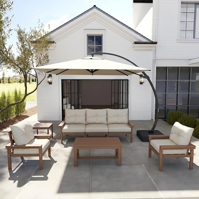 HDPE 10 Piece Outdoor Patio Furniture Set, All-Weather Outdoor Couch Set with Thick Cushions & Coffee Table, Patio Conversation Set for Lawn, Porch, Garden, Balcony, Deck, Poolside, Teak Beige