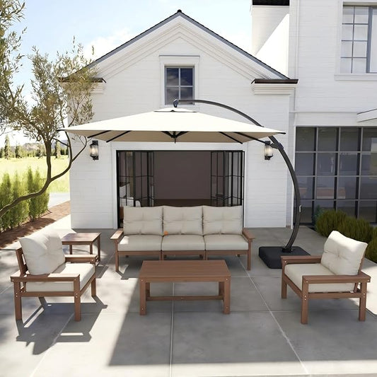 HDPE 7 Piece Patio Furniture Set, All-Weather Outdoor Couch Set with Thick Cushions & Table & Umbrella, Patio Conversation Sets for Lawn, Garden, Porch, Balcony, Deck, Poolside, Teak & Beige