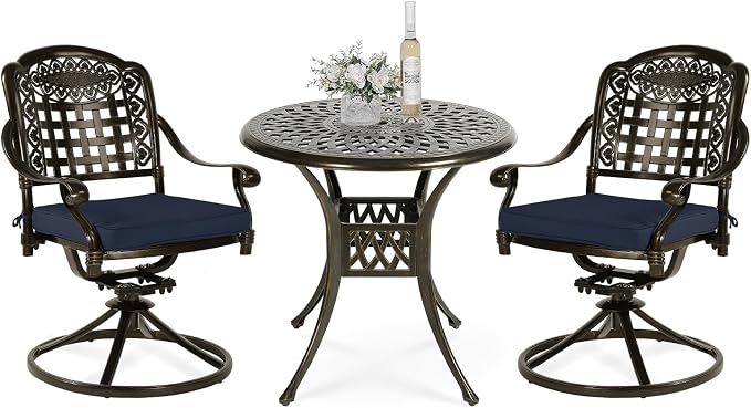 VIVIJASON 3-Piece Patio Bistro Set, Outdoor All-Weather Cast Aluminum Furniture Dining Set, Include 2 Swivel Chairs and 31" Round Table w/Umbrella Hole for Balcony, Lawn, Garden (Navy Blue Cushion)