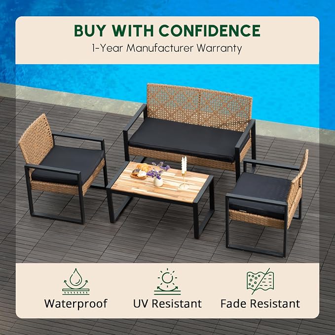 BEEFURNI Wicker Patio Furniture Outdoor Conversation Set of 4, Rattan Outdoor Furniture Set, Acacia Wood Table, 2 Chairs, 1 Loveseat, 2” Cushions, All Weather Set for Patio, Porch, Balcony (Brown)