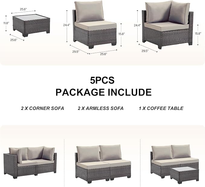 CANMOV 5 Pieces Patio Furniture Sets, All Weather Outdoor Patio Conversation Set, PE Wicker Rattan Sectional Sofa Couch with Glass Coffee Table and Washable Cushions for Backyard Garden, Porch, Khaki