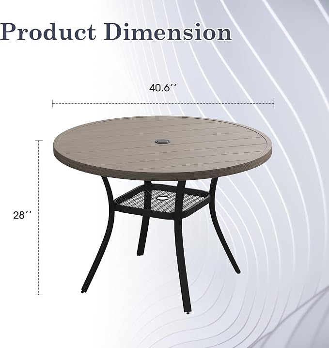 Outdoor Dining Table with Adjustable Umbrella Hole, 40.6" All-Weather Round Patio Dining Table for 4, Metal Patio Table with Storage Shelf for Garden Lawn Porch Deck Yard, Grey