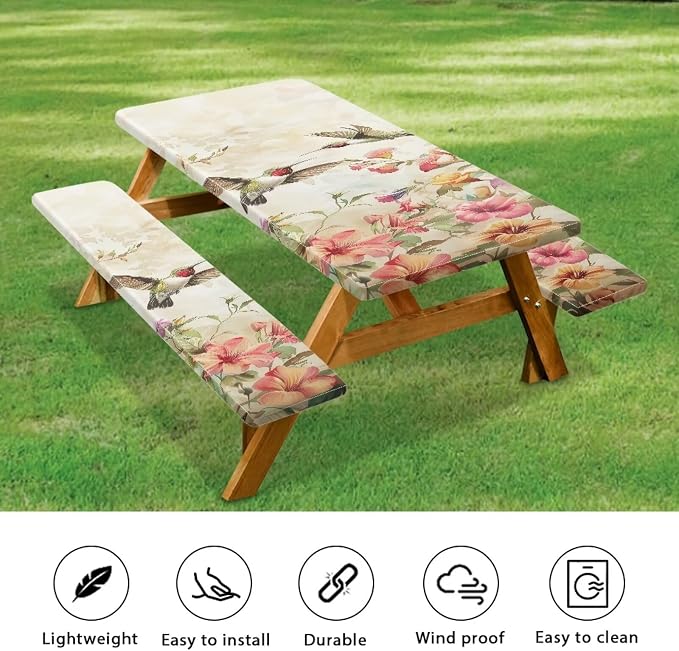 Hummingbird Picnic Table Cover with Bench Covers Elastic Fitted Water Resistant Windproof Tablecloth with Storage Bag - 94x30 Inches 3Pcs Set Patio Table Cover for Outdoor Camping Garden