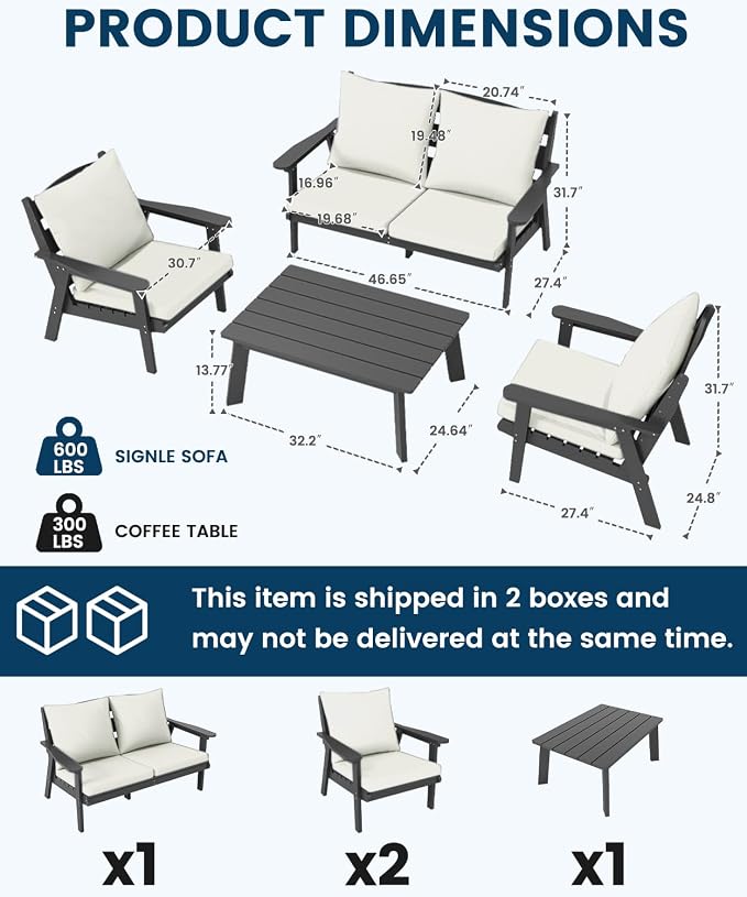 FOOWIN 4-Piece Patio Furniture Set, HDPE All-Weather Outdoor Conversation Set with Thick Cushions, Sectional Patio Sofa Furniture for Deck, Porch, Lawn, Garden, Grey Frame & White Cushion