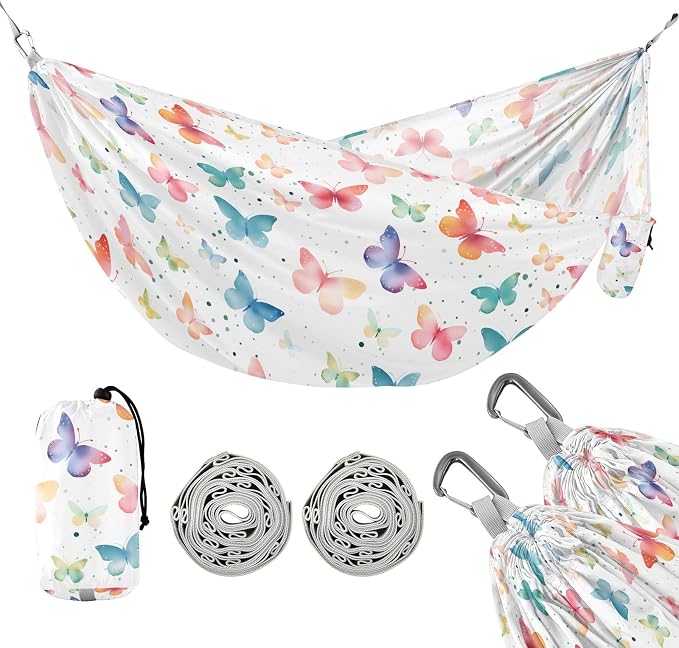 Camping Hammock Outdoor Hammocks for Outside Butterfly Watercolor White Beach Trees Portable Lightweight with Pockets Tree Straps Indoor