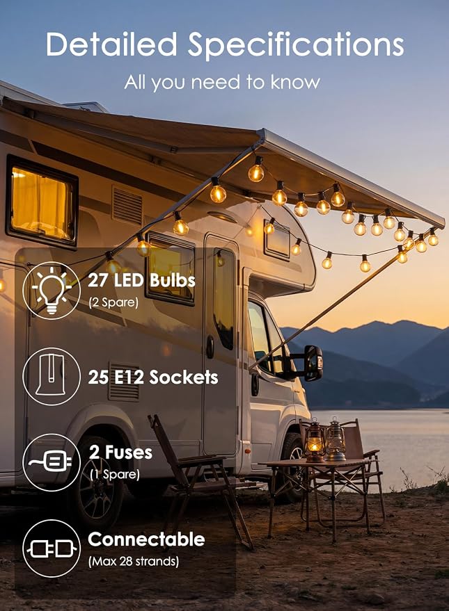 25FT G40 LED Globe Outdoor String Lights with 25 Plastic Shatterproof Bulbs | 2700K Warm White, IP65 Waterproof Hanging Connectable Globe Lights for Patio, Backyard, Bistro, Porch, Black Wire