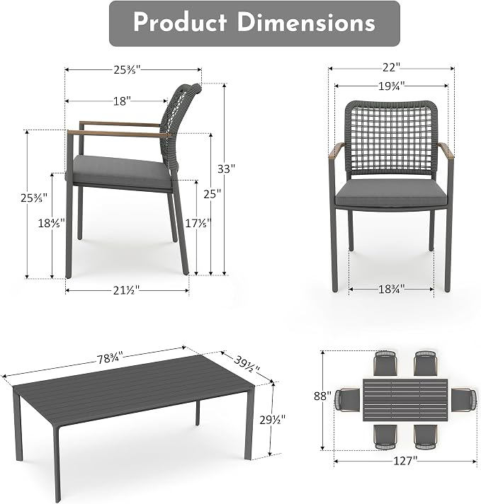 Modern Shade 7 Piece Luxury Outdoor Dining Set, Large Outdoor Table and Chairs with Fade Resistant Cushions & Teak Accents, Premium Aluminum Patio Table and Chairs Set for Outdoor Entertaining, Gray