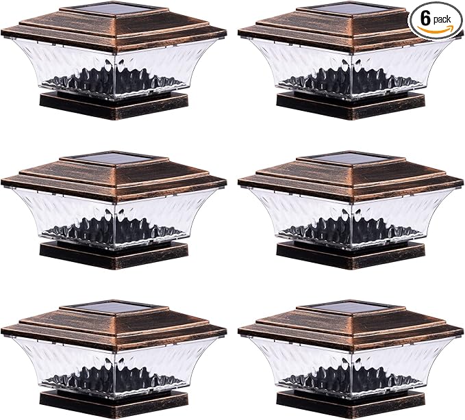 HUYIENO Solar Post Cap Lights Outdoor LED Lighting Deck Fence With Two Light Modes Warm White/Bright White Suitable for 4x4 Wooden Posts Brushed Copper 6PK