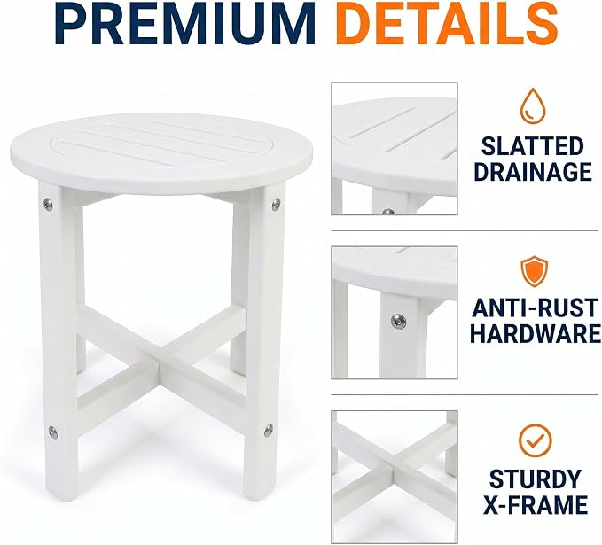 GDFStudio HDPE Outdoor Side Table, Small Patio End Table, All-Weather Round Accent Table for Porch Balcony Deck Poolside, White