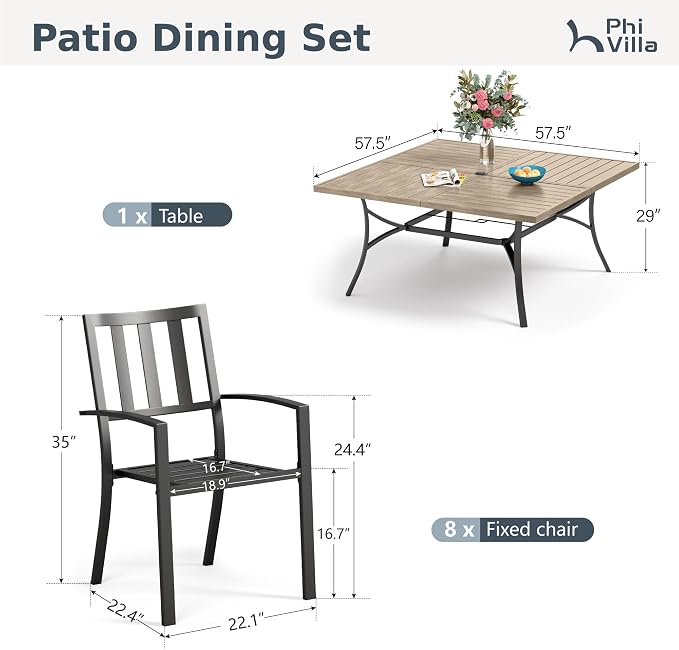 PHI VILLA Outdoor Dining Set for 8,57.5" Wood-Like Metal Table | Brown Square Metal Steel Table&Stackable Wrought Iron Chairs,Patio Furniture Set for Patio, Deck, Yard, Porch