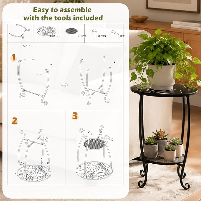 Metal Round Side Table Set of Two Black Accent Coffee Tables Small Space Corner Plant Stand Shelf for Indoor Outdoor Porch Patio Balcony Living Room End Table with Storage