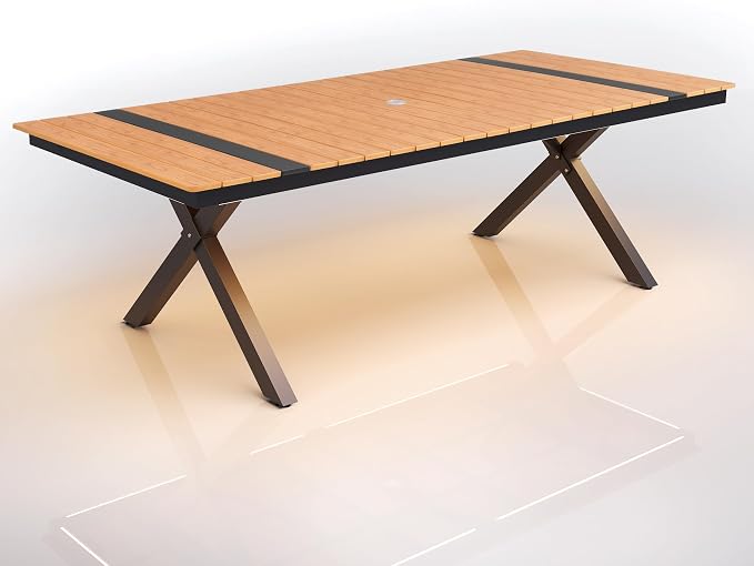 Pellebant 94" Outdoor Dining Table with LED Lights, 8-10 Person Aluminum Patio Table with Umbrella Hole, Sturdy Frame & 8ft Wood Grain Tabletop for Deck, Porch, Backyard