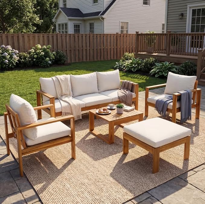 KLMM Outdoor 5pcs Acacia Sectional Patio Sofa Set with Cushions,for Patio Balcony Garden (Beige+Grey,Teak-AS)