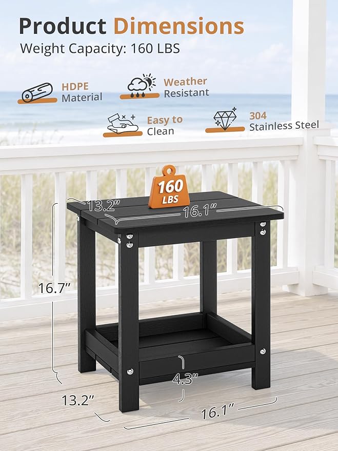 LUE BONA Outdoor Side Table, 2-Tier HDPE Small Outdoor End Table with Rail for Patio, Deck, Poolside, Low Maintenance & Weather Resistant, Black