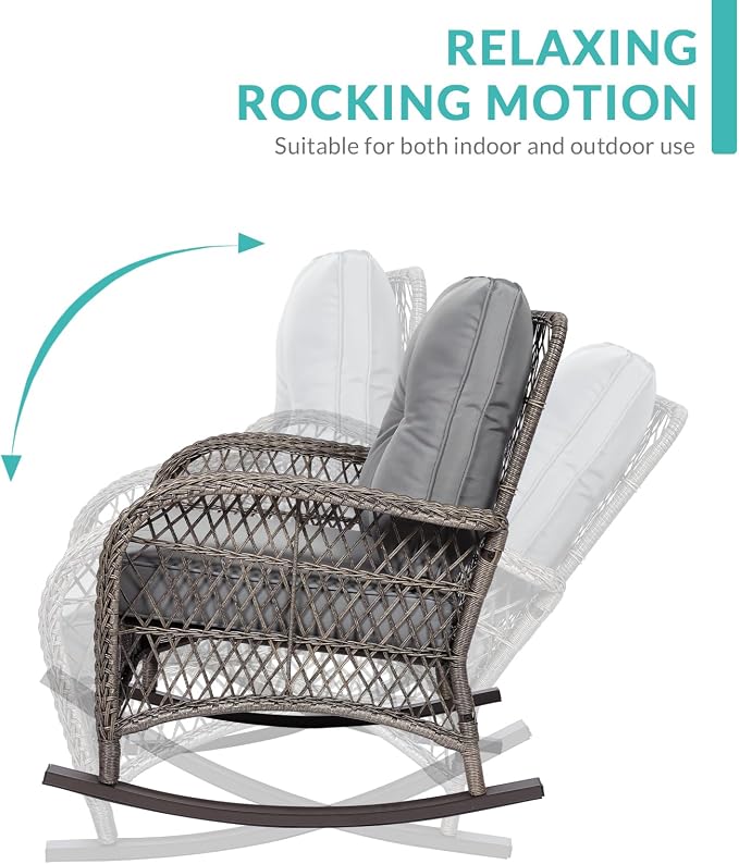 MEETWARM 7-Piece Outdoor Patio Conversation Set with Glider Loveseat, 4 Chairs, 2 Glass-Top Coffee Tables and Wicker Rocking Glider - Thickened Cushions, Gray