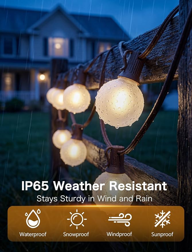 25FT Brown Outdoor String Lights, Shatterproof LED Globe String Lights with 25 G40 LED Frosted White Bulbs, Waterproof Connectable Hanging Light for Backyard Patio Porch Balcony Party Decor, E12 Base
