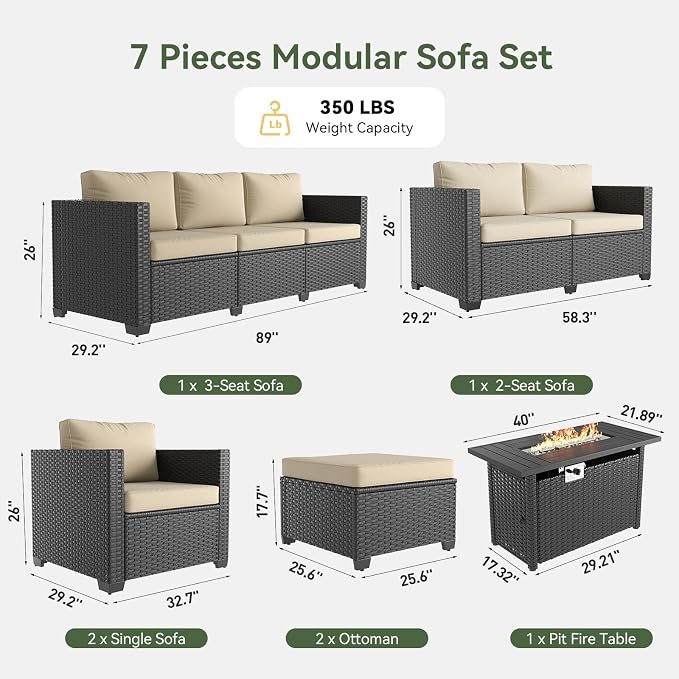 Aoxun 7 Piece Patio Furniture Set with Fire Pit Table, 9 Seats Outdoor Furniture Set with Wicker Ottomans, Rattan Outdoor Sectional Sofa with Thickened Cushion & Waterproof Cover Beige