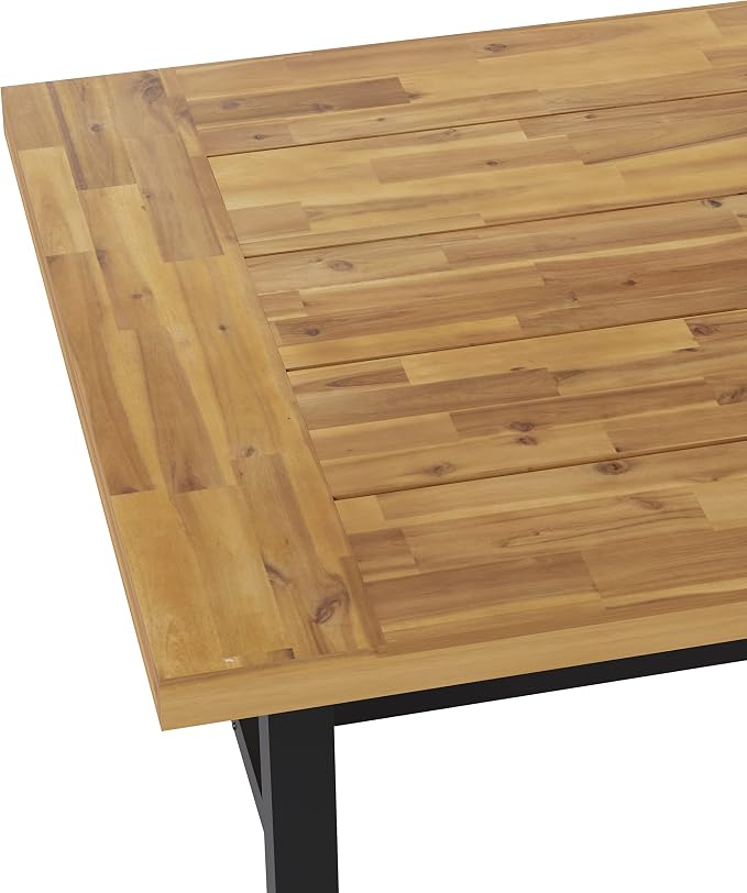 Flash Furniture Rafe Commercial Grade Acacia Wood Dining Table with Metal Base, Indoor/Outdoor Rectangle Patio Table with Plank Style Table Top, Natural/Black